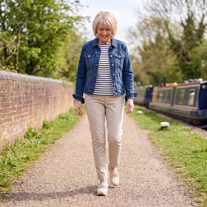 Woman walking beside a canal in beige woven Lili loafers