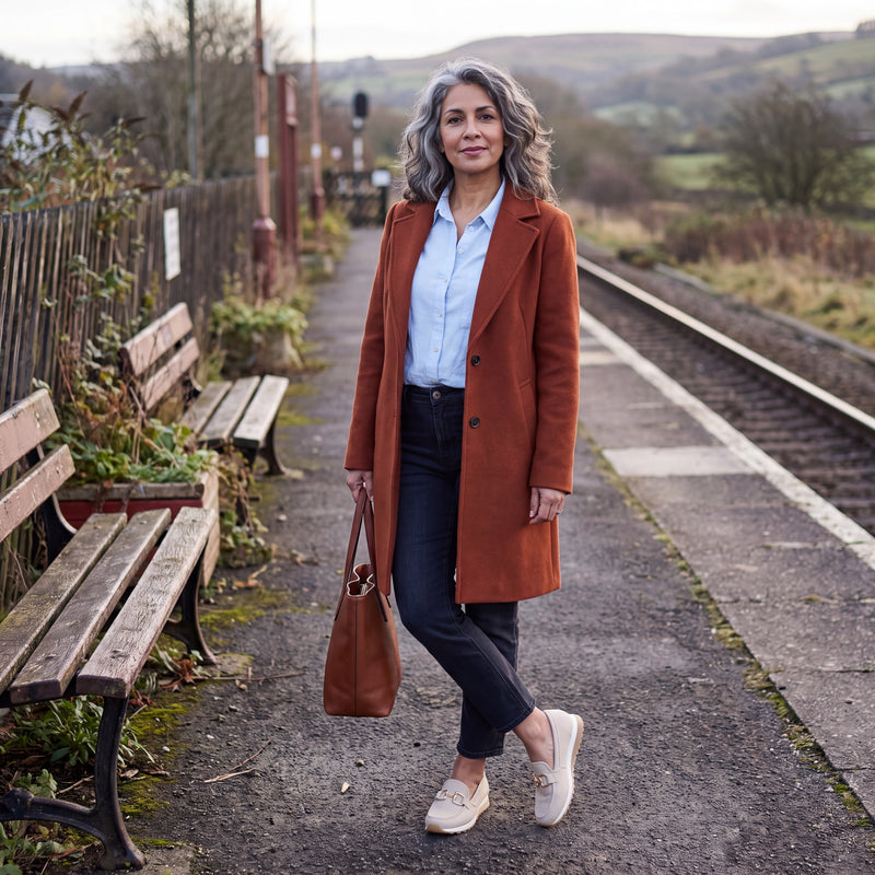 Woman wearing beige woven Lili loafers on a rural railway platform