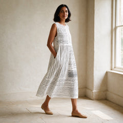 The Amara white and black midi dress, side-profile view