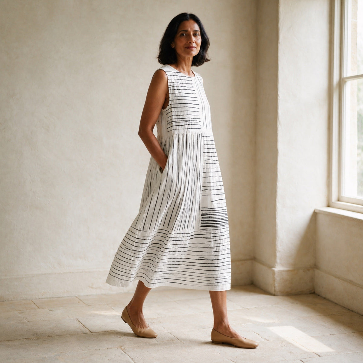 The Amara white and black midi dress, side-profile view