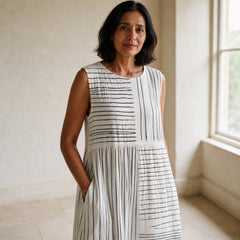 The Amara midi dress showing its round neckline and line-print panels