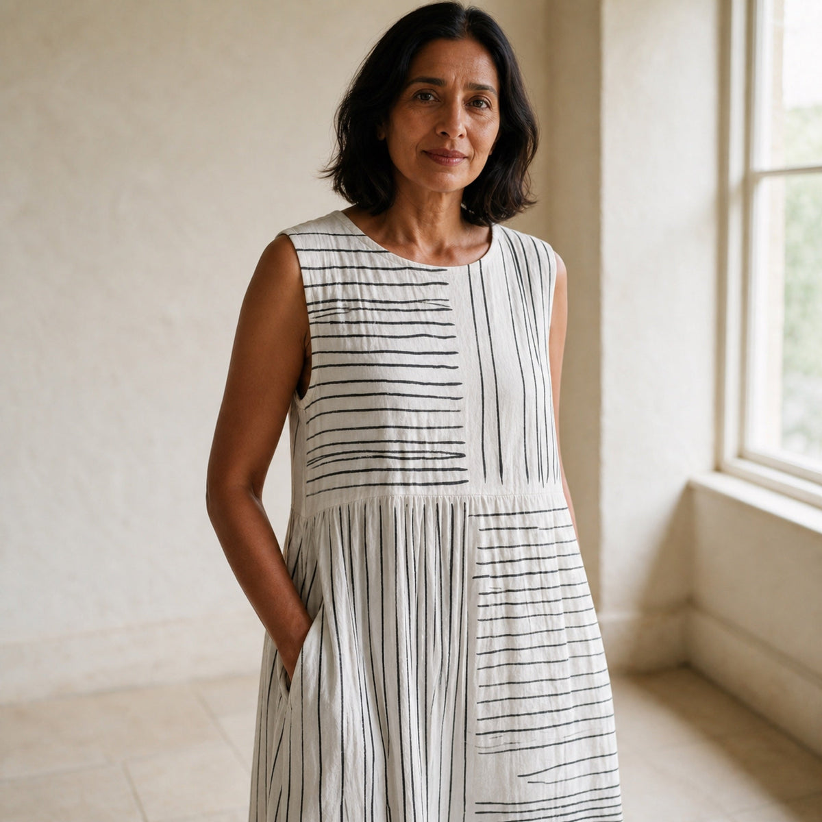 The Amara midi dress showing its round neckline and line-print panels