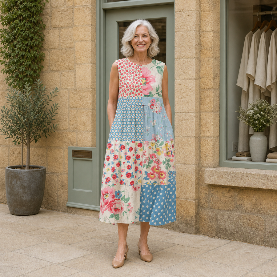 Rose models the red, pink and blue patchwork Anna midi dress in a front full-body view outside a pale-stone Cotswold boutique.