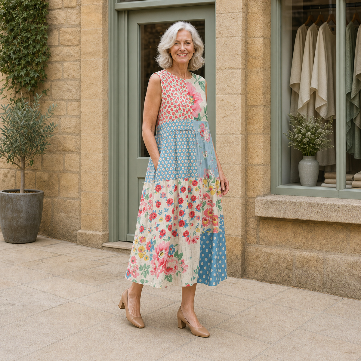 Rose models the red, pink and blue patchwork Anna midi dress in a slight three-quarter full-body view outside a pale-stone Cotswold boutique.