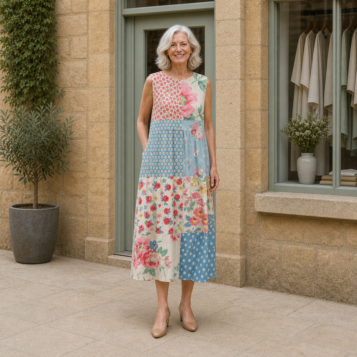 Rose models the red, pink and blue patchwork Anna midi dress in a contextual full-body view outside a pale-stone Cotswold boutique.