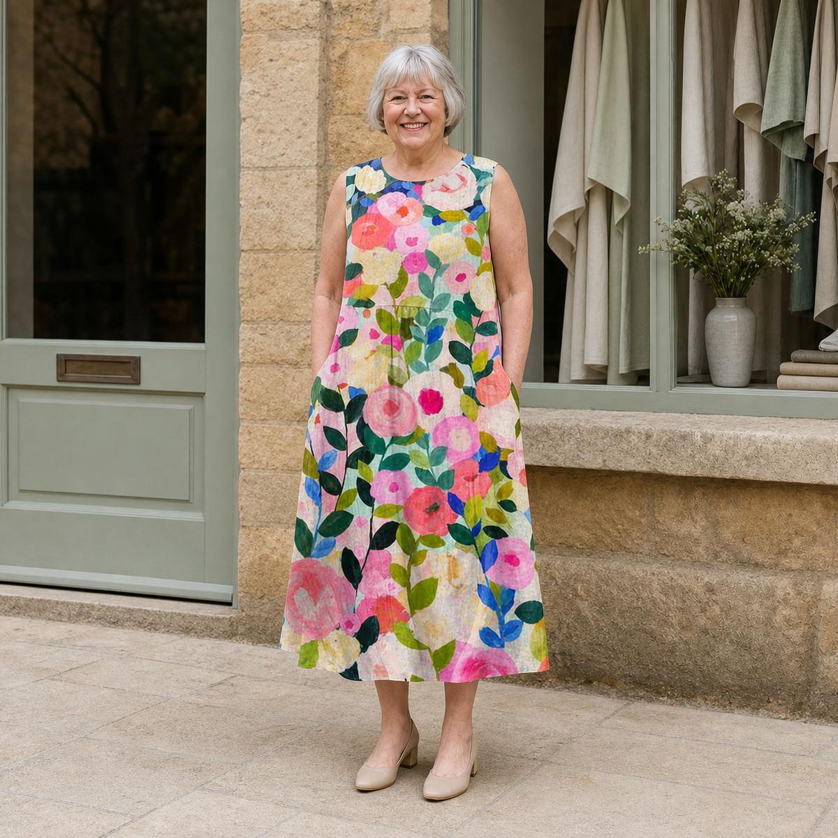 Margaret wearing the multicolour Ava Floral Midi Dress, front full-body view outside the Cotswold stone boutique.