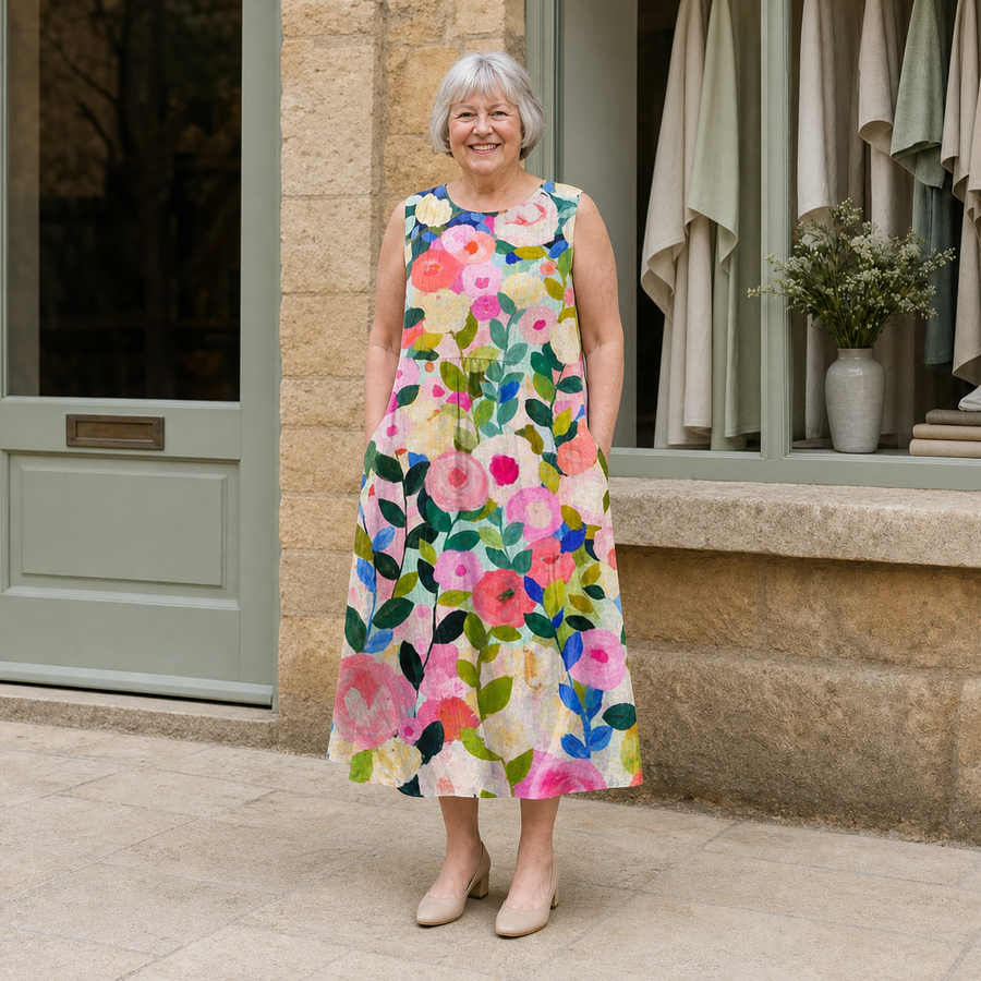 Margaret wearing the multicolour Ava Floral Midi Dress, front full-body view outside the Cotswold stone boutique.