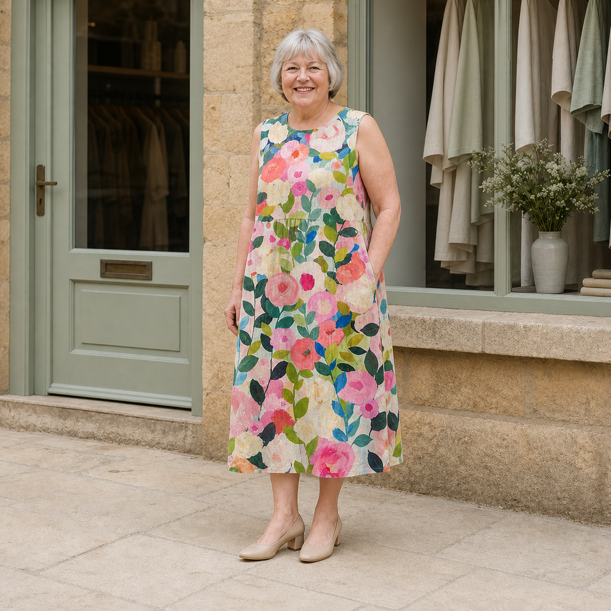 Margaret wearing the multicolour Ava Floral Midi Dress, three-quarter full-body view outside the Cotswold stone boutique.