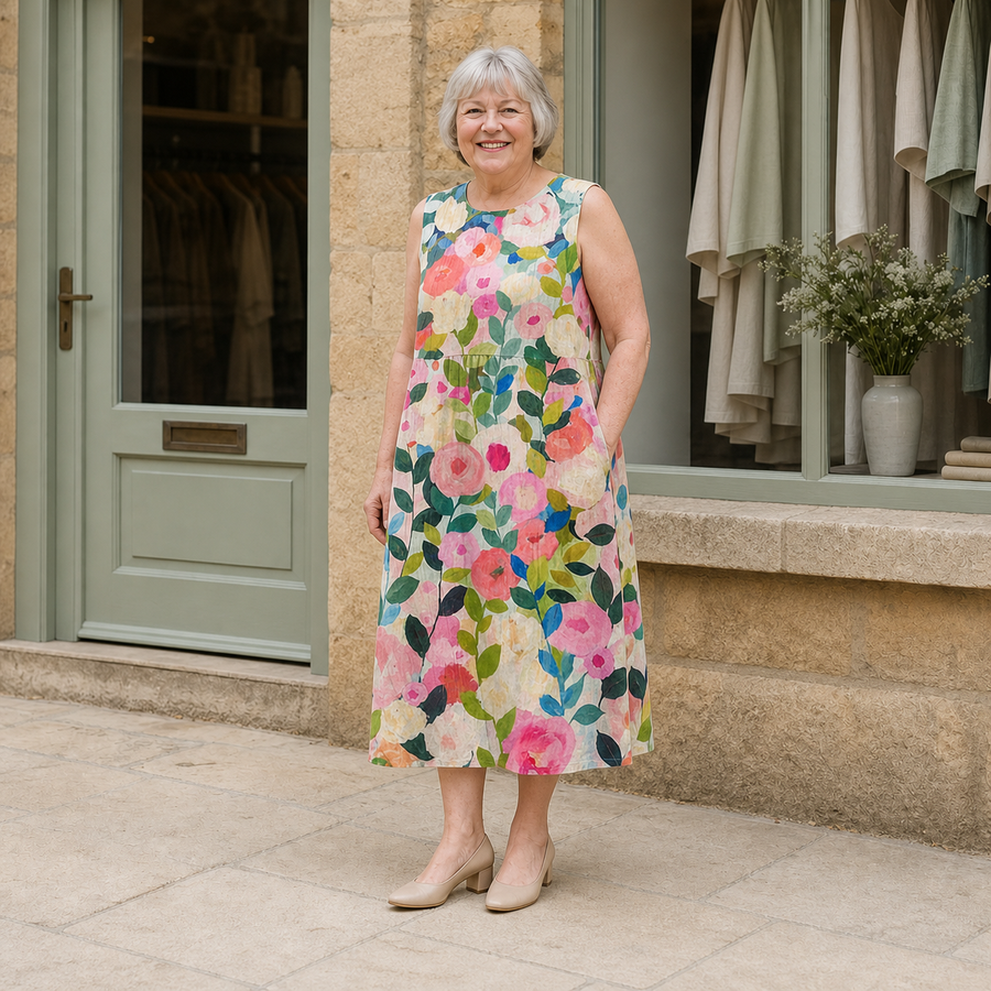 Margaret wearing the multicolour Ava Floral Midi Dress, three-quarter full-body view outside the Cotswold stone boutique.