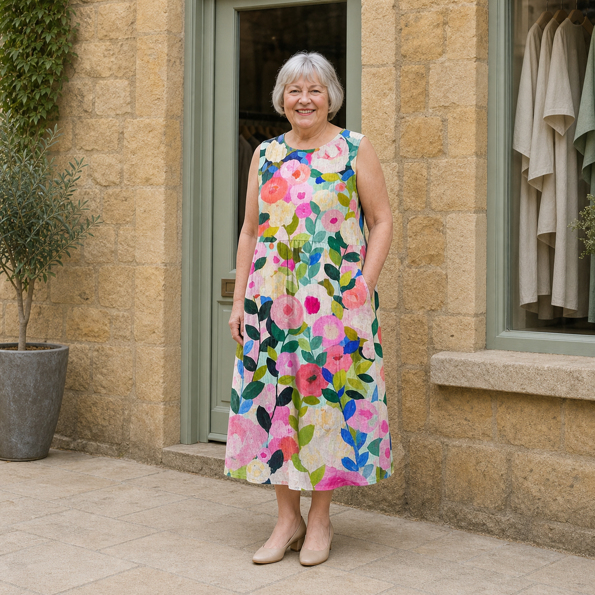 Margaret wearing the multicolour Ava Floral Midi Dress, contextual full-body view outside the Cotswold stone boutique.