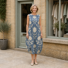 Helen models the denim-blue and ivory botanical Belle boho midi dress in a front full-body view outside a pale-stone Cotswold boutique.