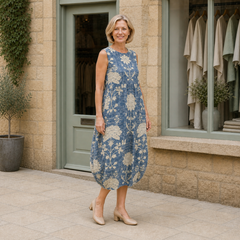 Helen models the denim-blue and ivory botanical Belle boho midi dress in a slight three-quarter full-body view outside a pale-stone Cotswold boutique.
