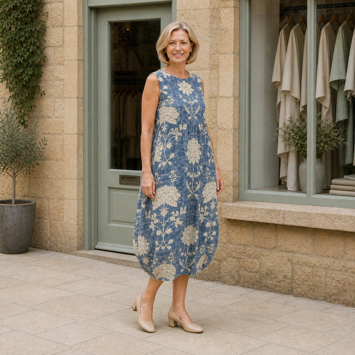 Helen models the denim-blue and ivory botanical Belle boho midi dress in a slight three-quarter full-body view outside a pale-stone Cotswold boutique.