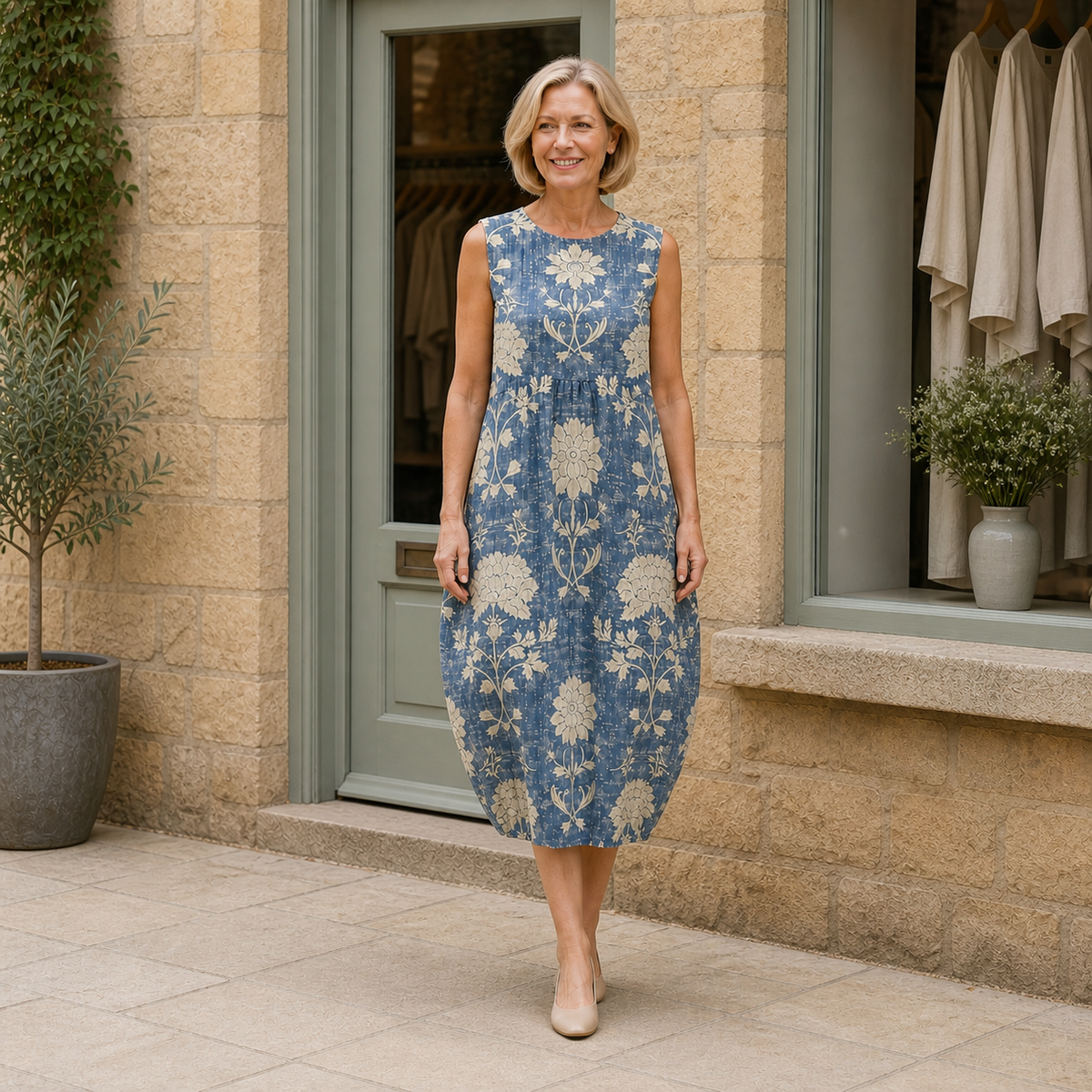 Helen models the denim-blue and ivory botanical Belle boho midi dress in a contextual full-body view outside a pale-stone Cotswold boutique.