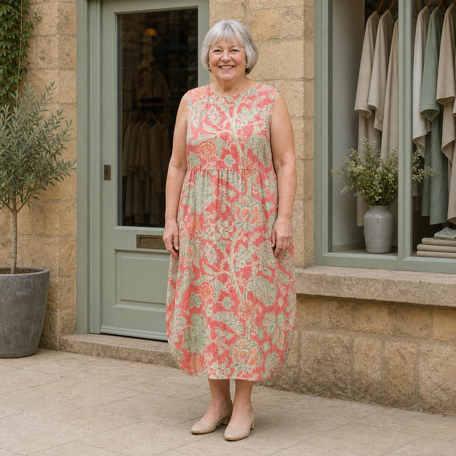 Margaret models the coral, sage and cream botanical Beth floral midi dress in a front full-body view outside a pale-stone Cotswold boutique.