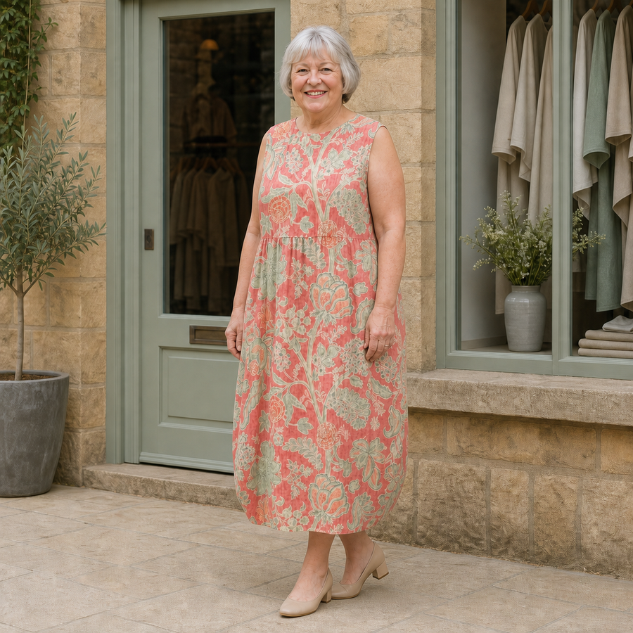 Margaret models the coral, sage and cream botanical Beth floral midi dress in a slight three-quarter full-body view outside a pale-stone Cotswold boutique.