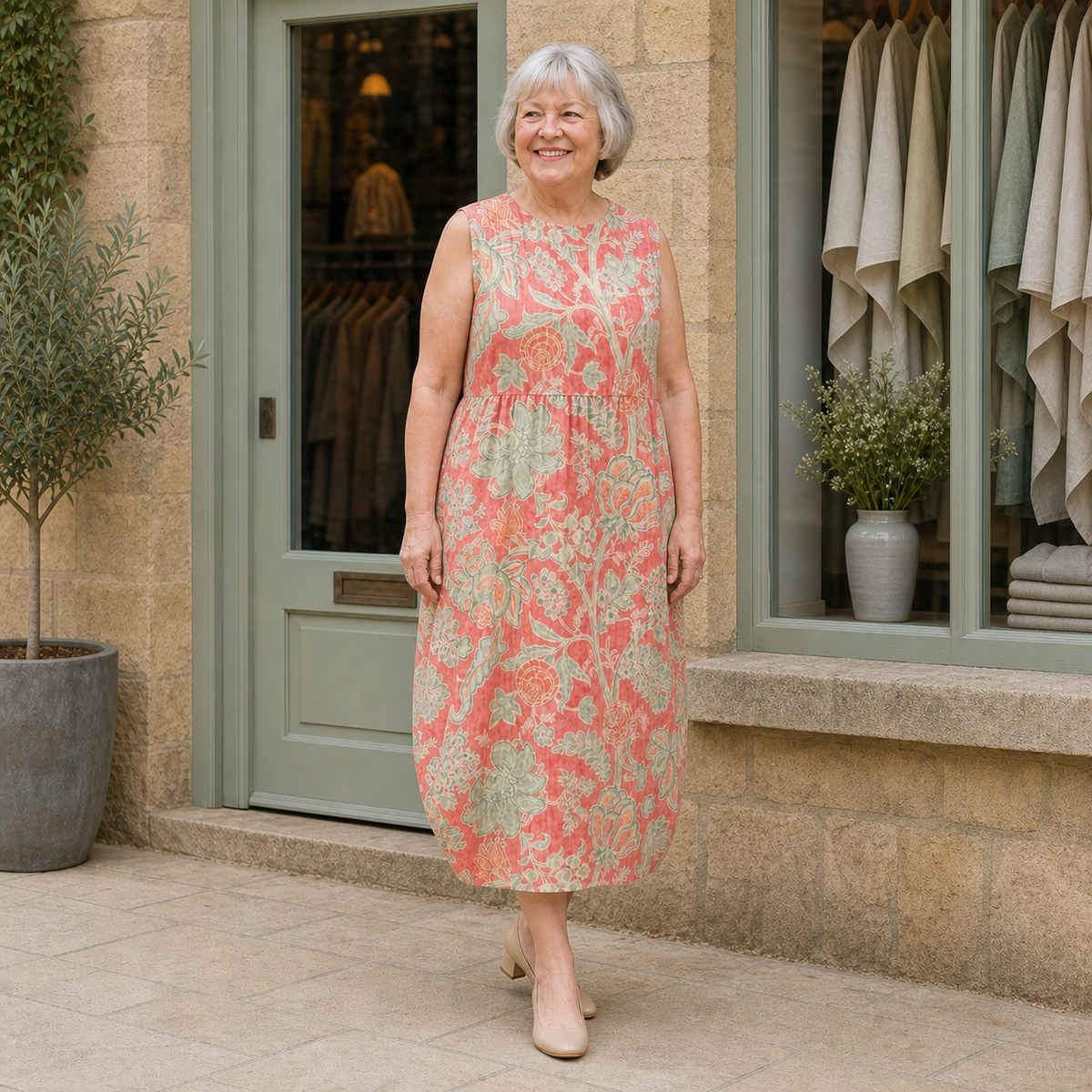 Margaret models the coral, sage and cream botanical Beth floral midi dress in a contextual full-body view outside a pale-stone Cotswold boutique.