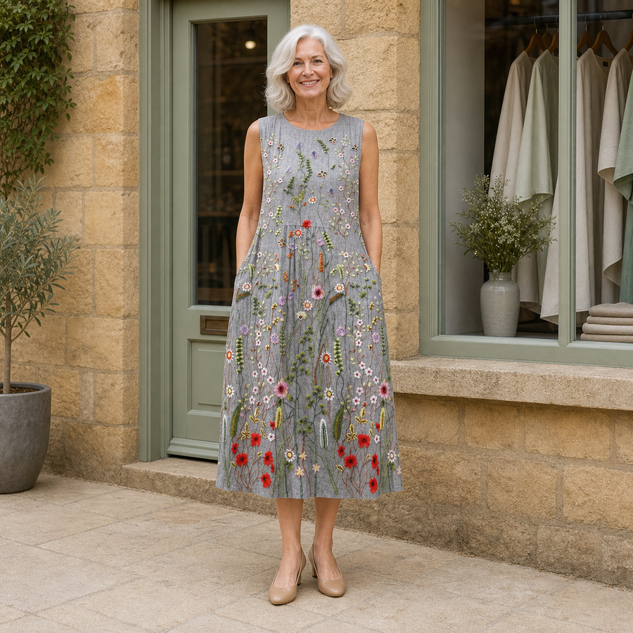 Rose wearing the multicolour Cara Wildflower Midi Dress, front full-body view outside the Cotswold stone boutique.