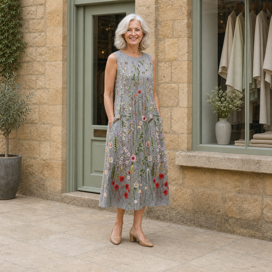 Rose wearing the multicolour Cara Wildflower Midi Dress, three-quarter full-body view outside the Cotswold stone boutique.