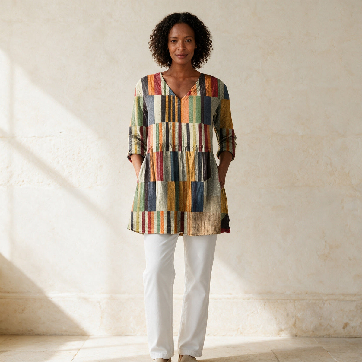 Chloe long V-neck blouse in multicolour patchwork print, front view
