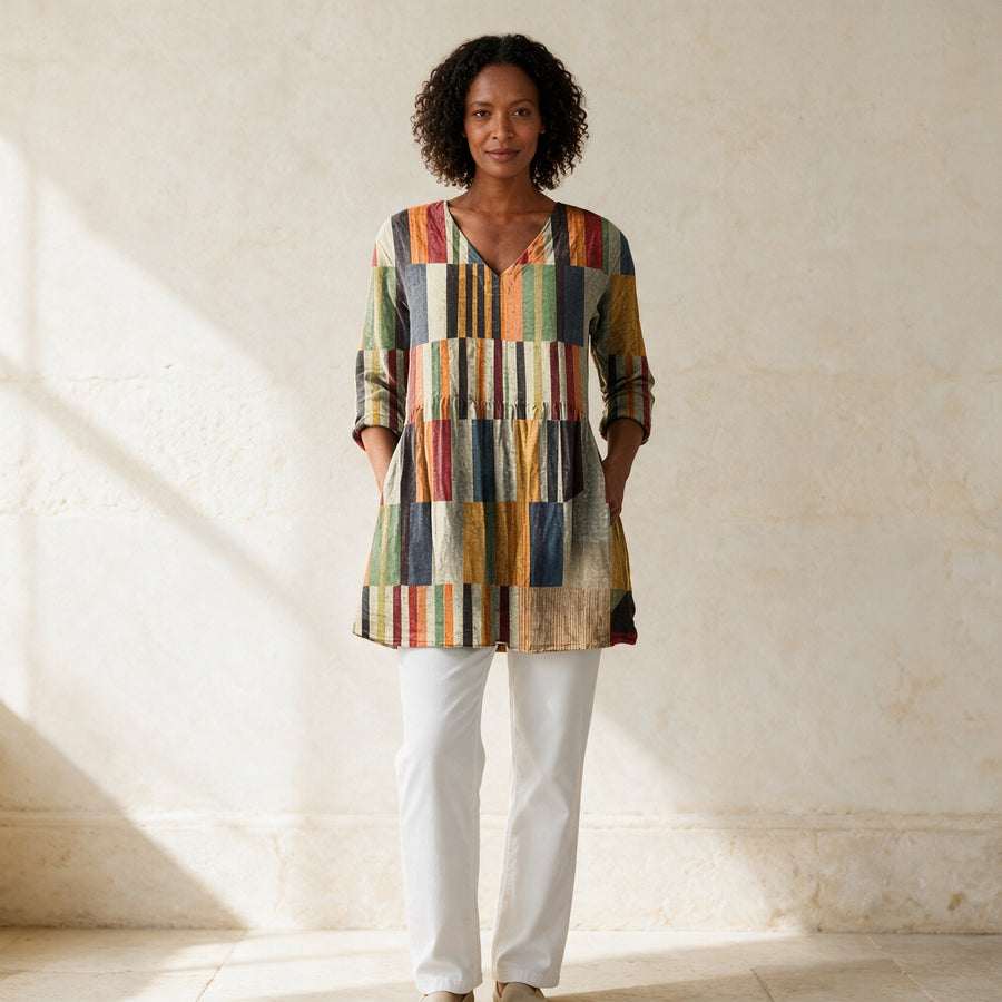 Chloe long V-neck blouse in multicolour patchwork print, front view