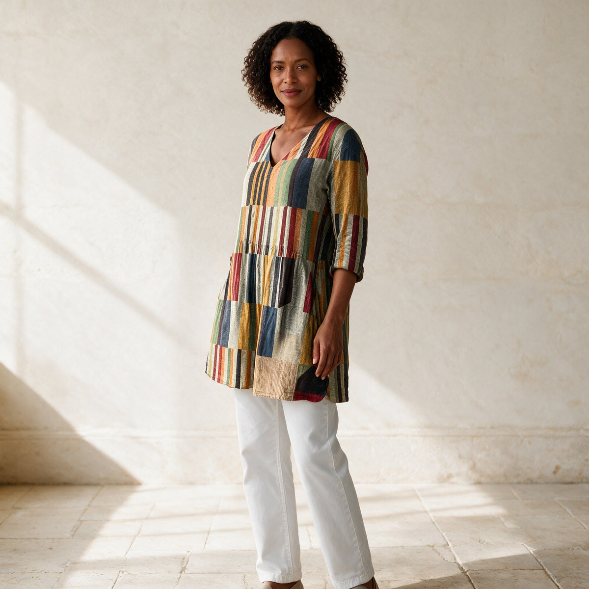 Chloe multicolour long V-neck blouse, three-quarter view