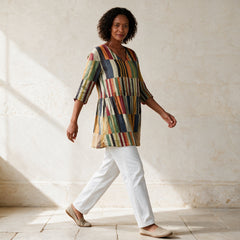 Chloe multicolour long V-neck blouse styled with white trousers