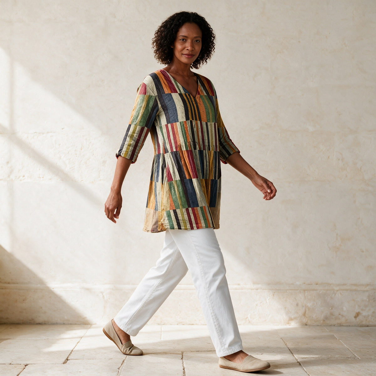 Chloe multicolour long V-neck blouse styled with white trousers