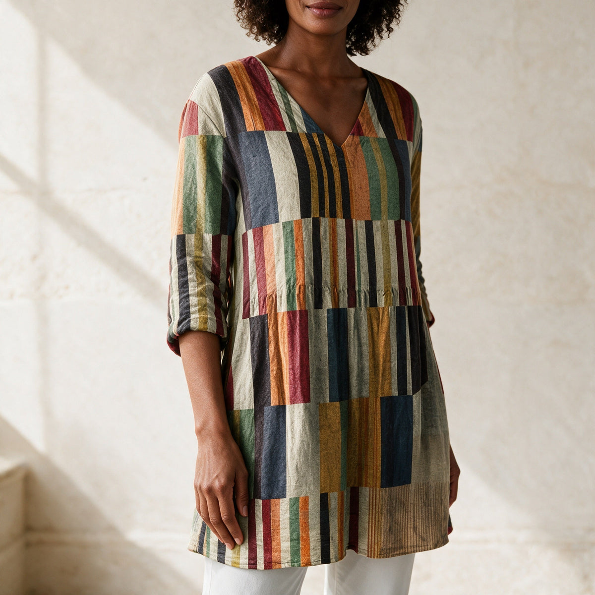 Chloe multicolour blouse fabric, neckline and sleeve detail