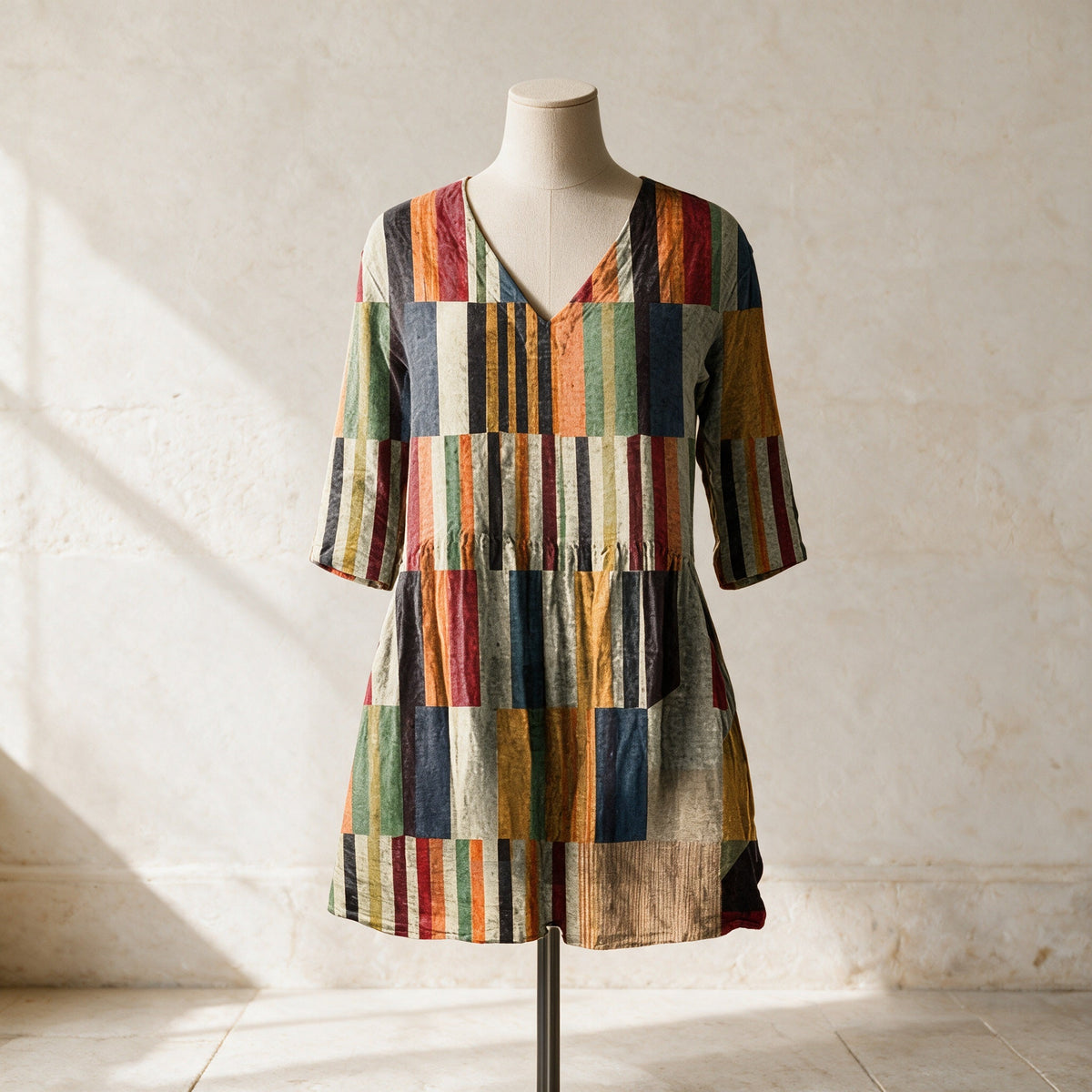 Chloe multicolour long V-neck blouse laid out as a still life