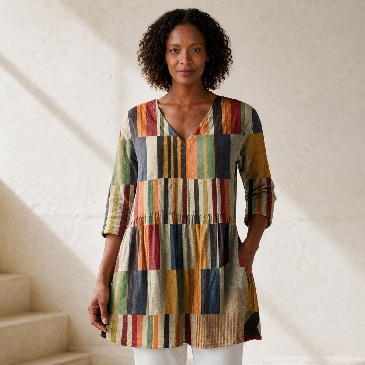 Chloe V-neck patchwork stripe tunic neckline, sleeves and tier detail