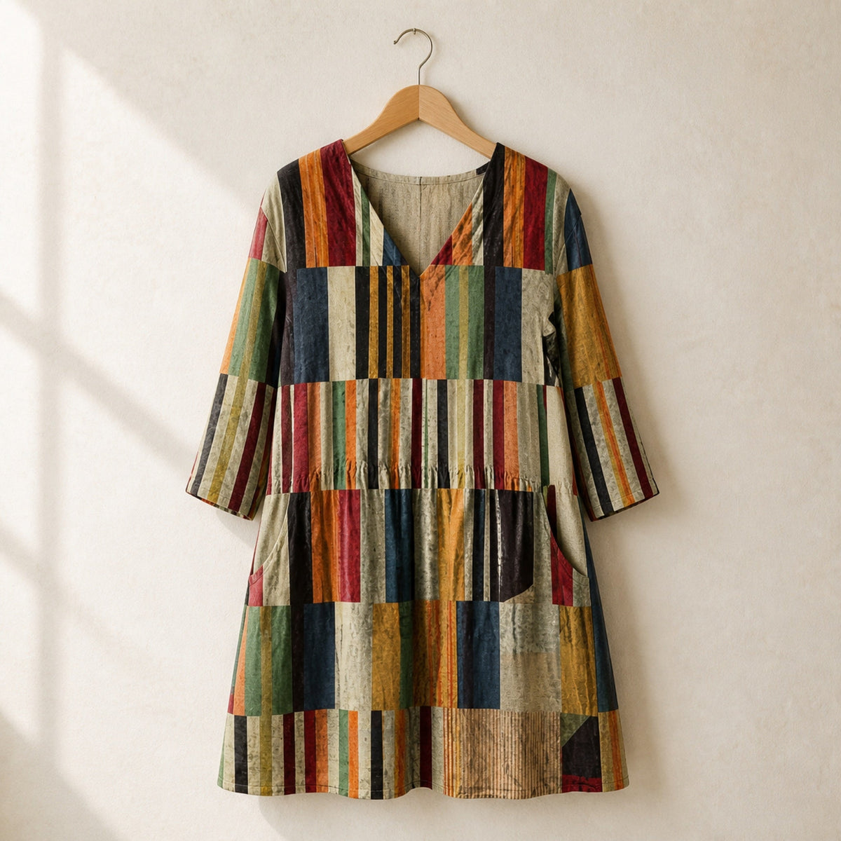 Chloe multicolour patchwork stripe tunic displayed on a wooden hanger