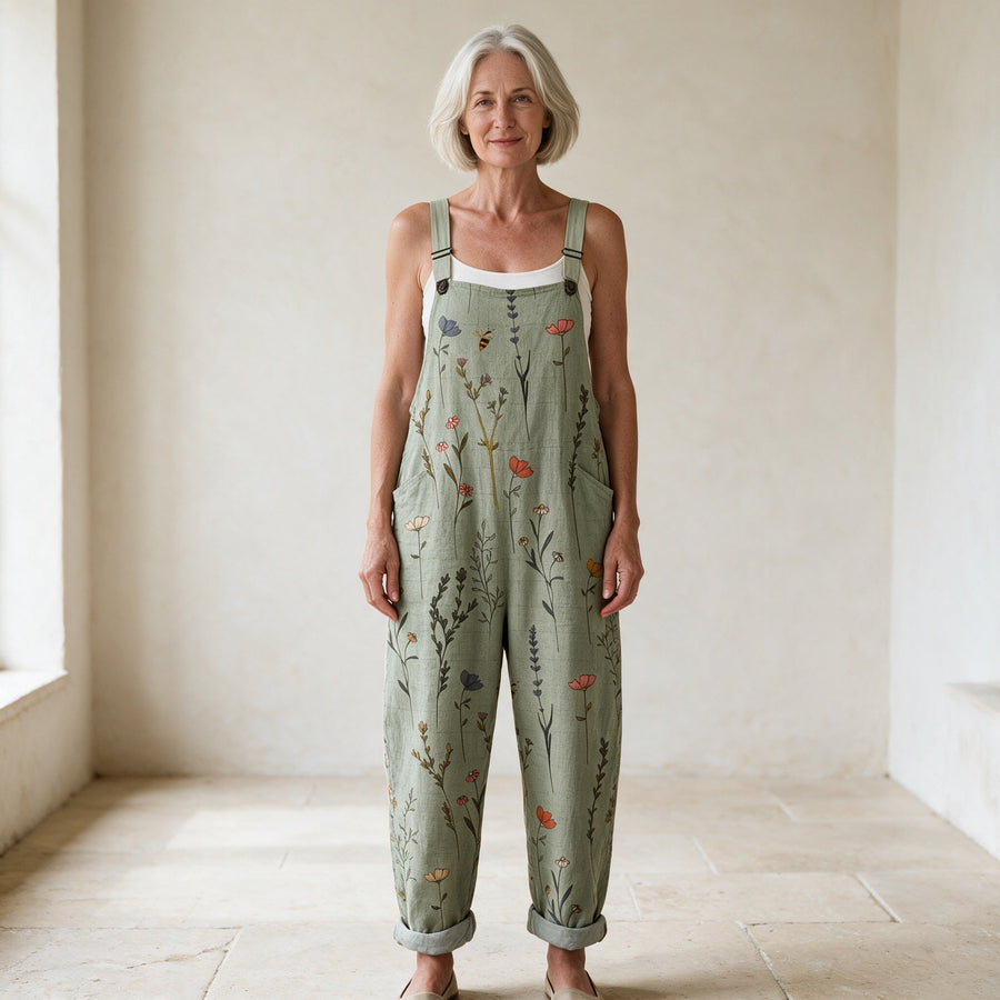 Comfortable Printed Dungarees in sage green, front view