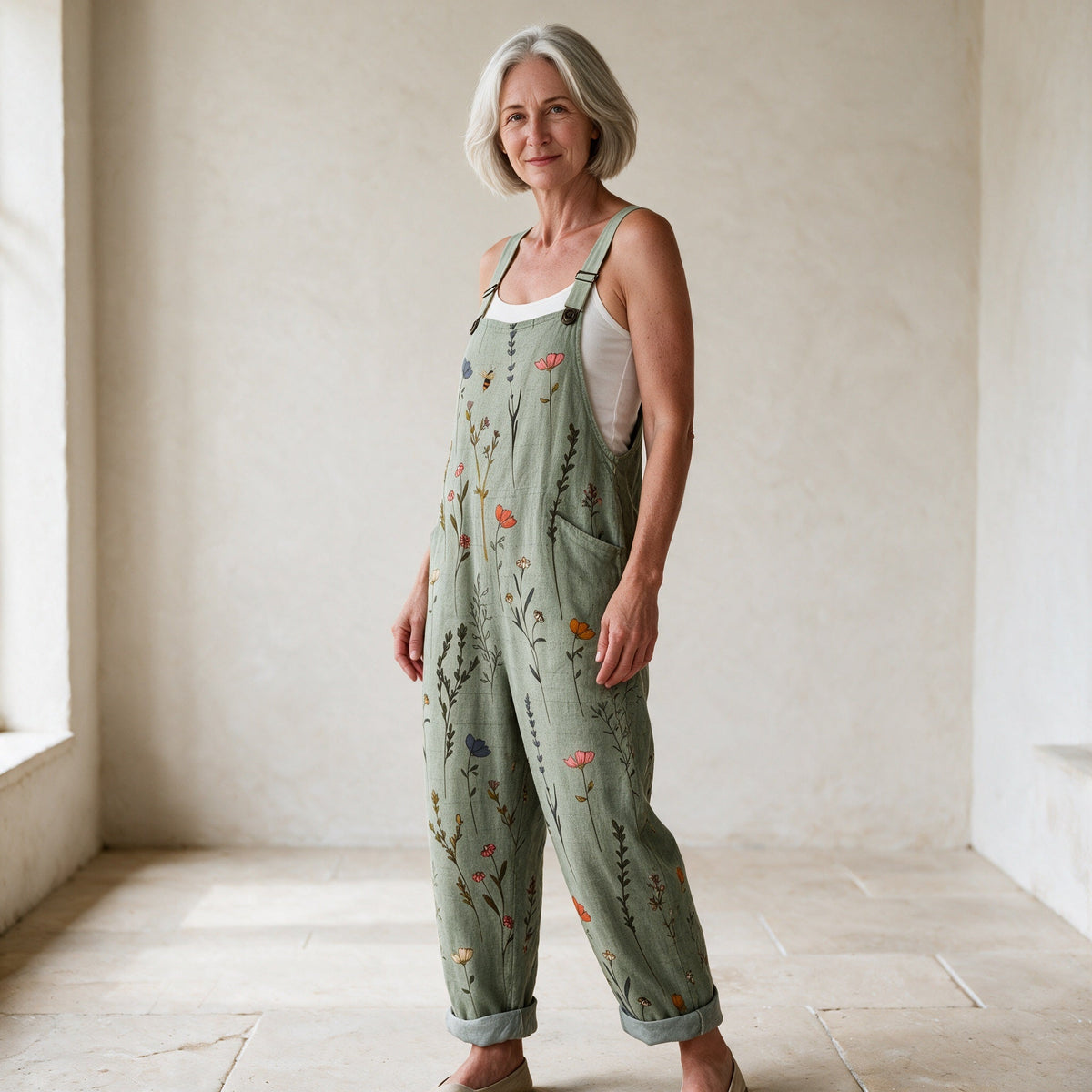 Sage green floral printed dungarees, three-quarter view