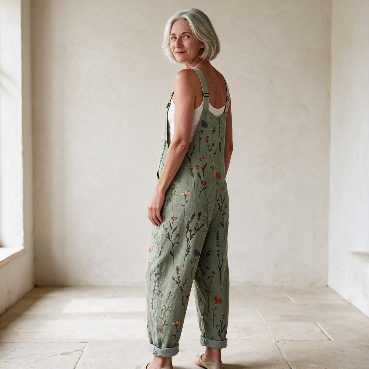 Sage green floral printed dungarees, rear three-quarter view