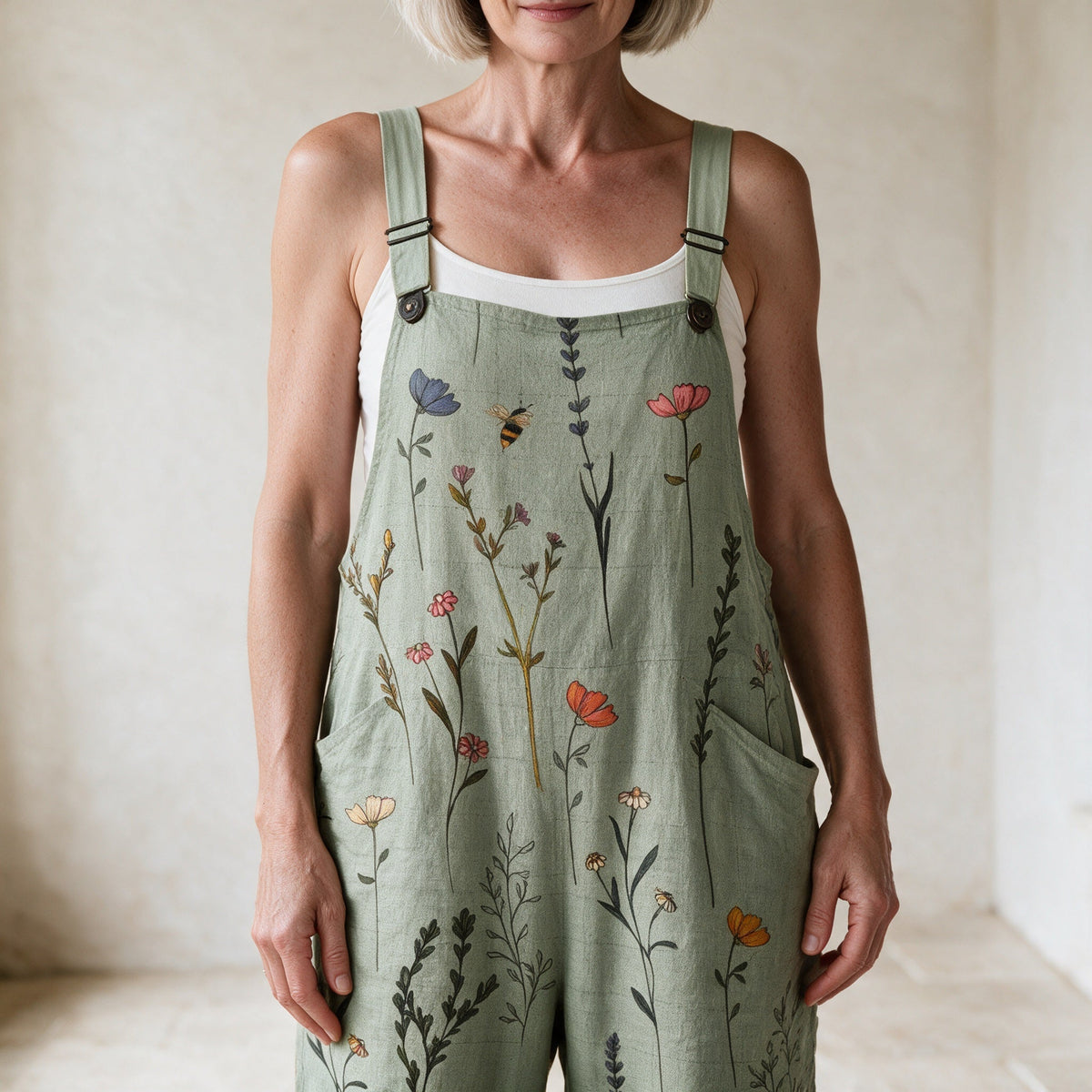 Close-up of floral print, straps and pockets on sage green dungarees