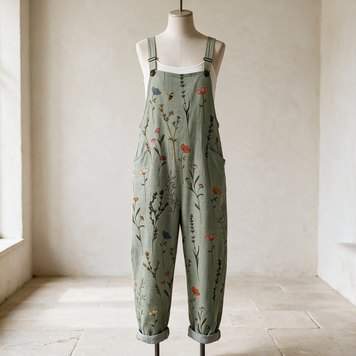 Sage green floral printed dungarees displayed on a mannequin