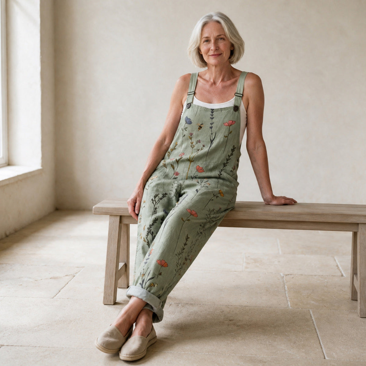 Comfortable Printed Dungarees styled seated in a warm neutral studio