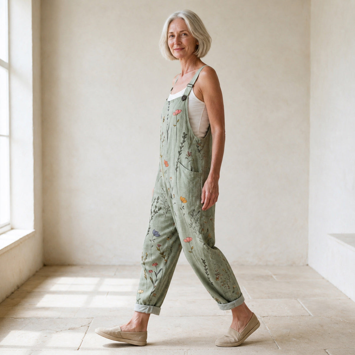 Comfortable Printed Dungarees in sage green, side-profile view