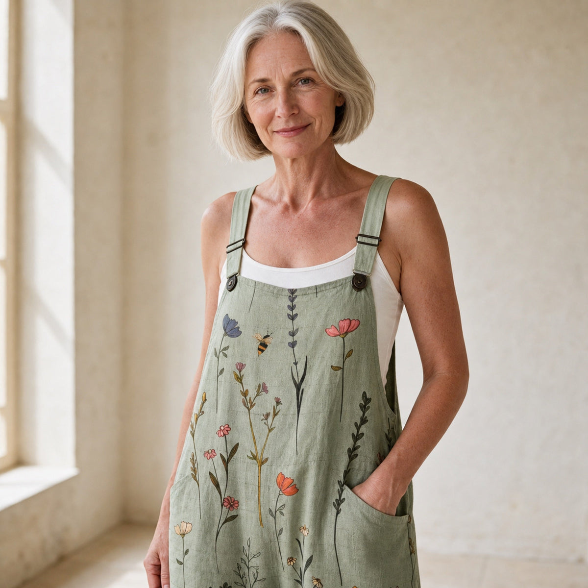 Sage green printed dungarees showing straps, pockets and botanical detail