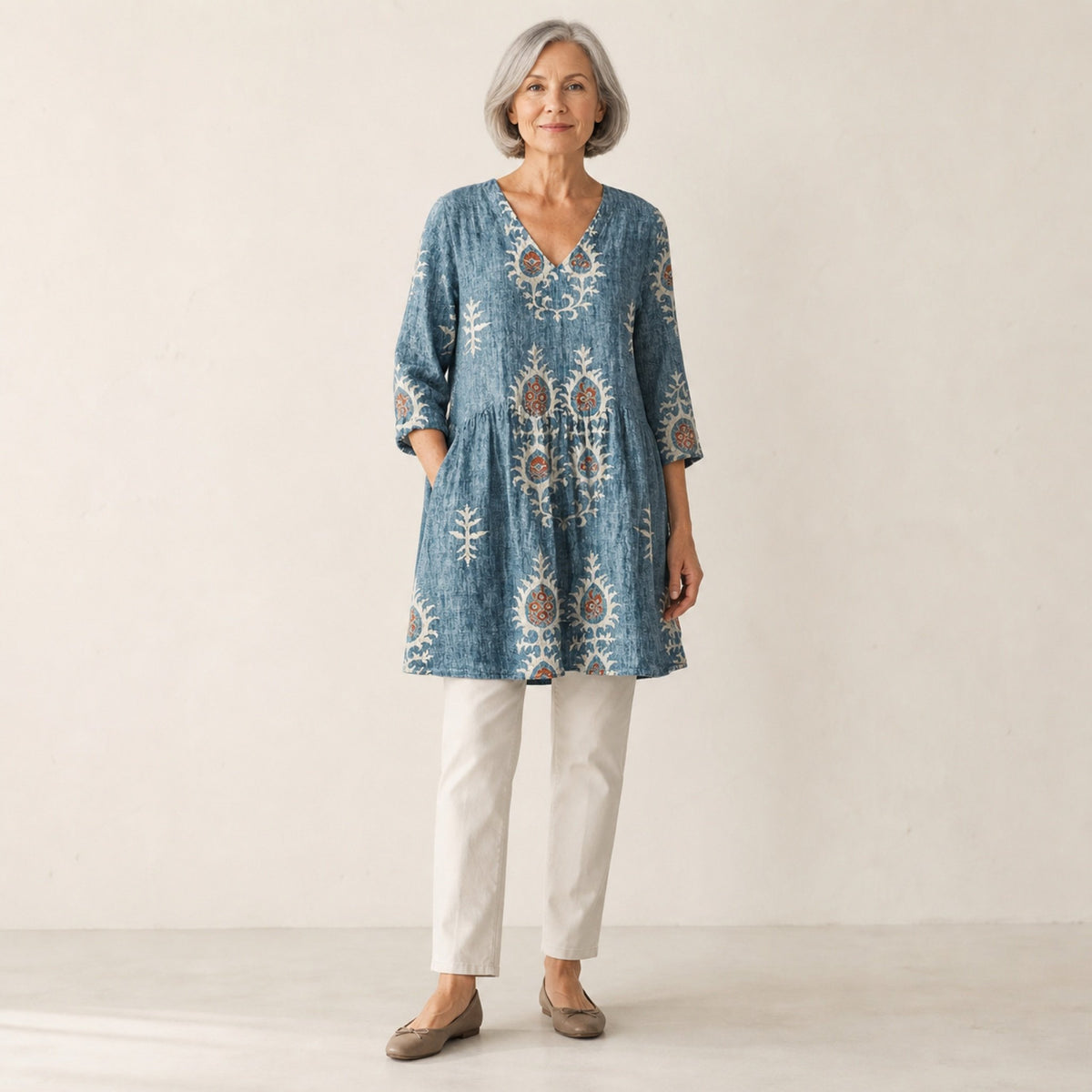Elise | Long Blouse with V-Neck, Blue — studio front