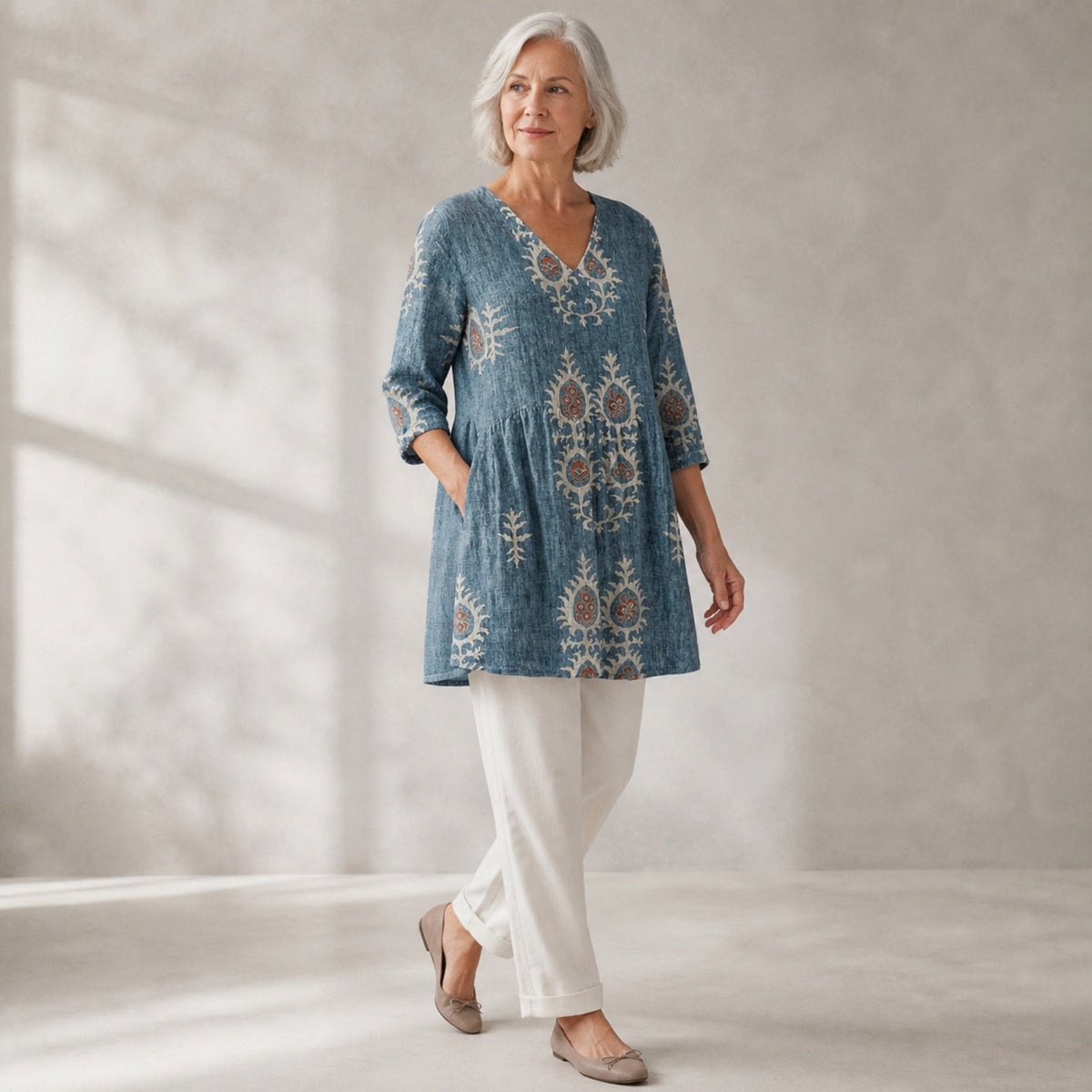 Elise | Long Blouse with V-Neck, Blue — three quarter step