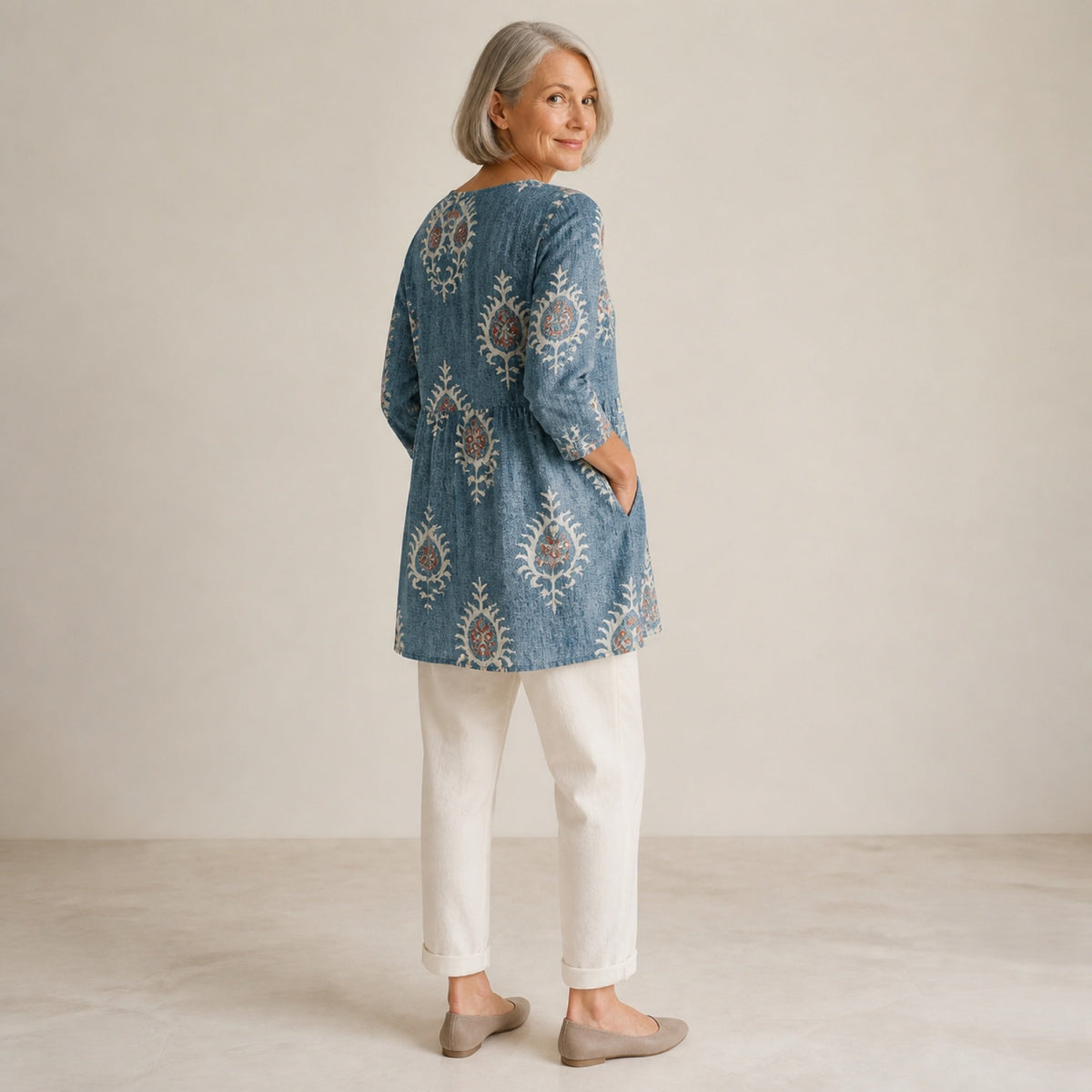 Elise | Long Blouse with V-Neck, Blue — rear side view