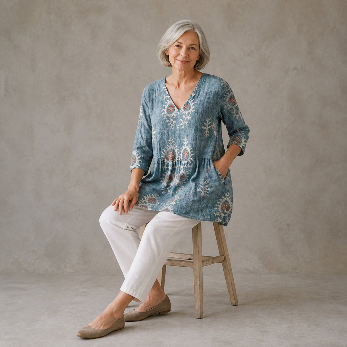 Elise | Long Blouse with V-Neck, Blue — seated view