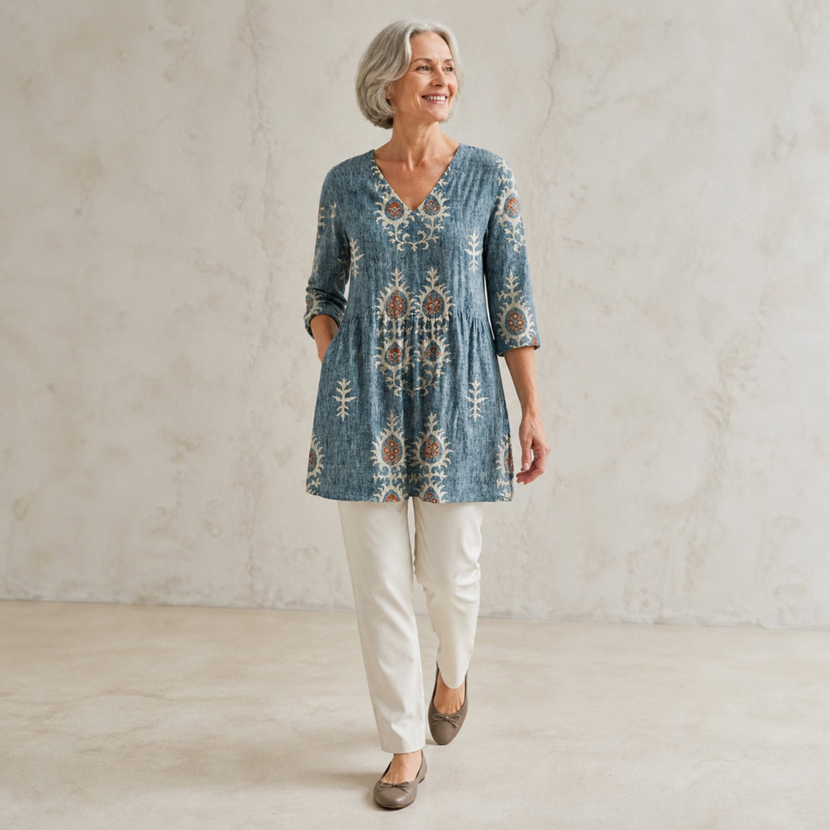 Elise | Long Blouse with V-Neck, Blue — walking view