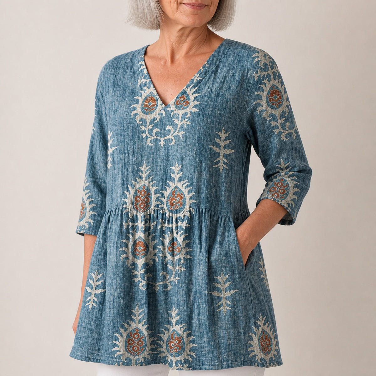 Elise | Long Blouse with V-Neck, Blue — neckline and pocket detail