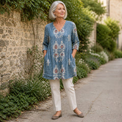 Elise | Long Blouse with V-Neck, Blue — Cotswold lifestyle view