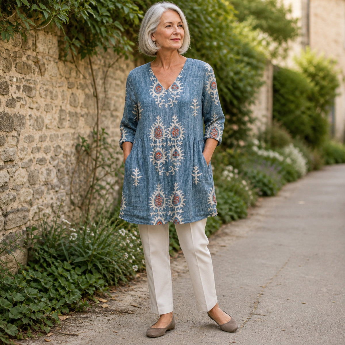Elise | Long Blouse with V-Neck, Blue — Cotswold lifestyle view