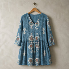 Elise | Long Blouse with V-Neck, Blue — hanger view