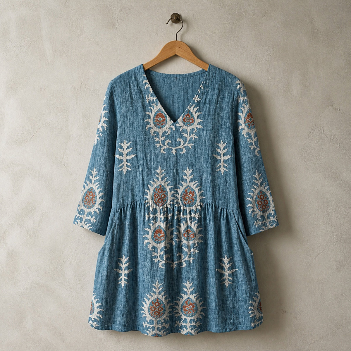 Elise | Long Blouse with V-Neck, Blue — hanger view